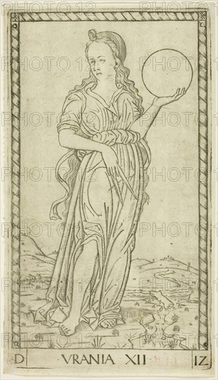 Urania, plate twelve from Apollo and the Muses, c. 1465, Master of the E-Series Tarocchi, Italian, active c. 1465, Italy, Engraving on paper, 178 x 101 mm (plate), 183 x 105 mm (sheet)