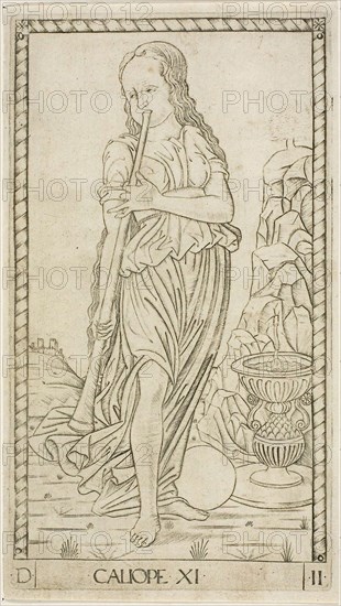 Calliope, plate eleven from Apollo and the Muses, c. 1465, Master of the E-Series Tarocchi, Italian, active c. 1465, Italy, Engraving on paper, 179 x 100 mm (plate), 186 x 105 mm (sheet)