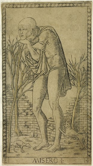 The Beggar, plate one from The Ranks and Conditions of Men, c. 1465, Master of the E-Series Tarocchi, Italian, active c. 1465, Italy, Engraving on paper, 180 x 100 mm