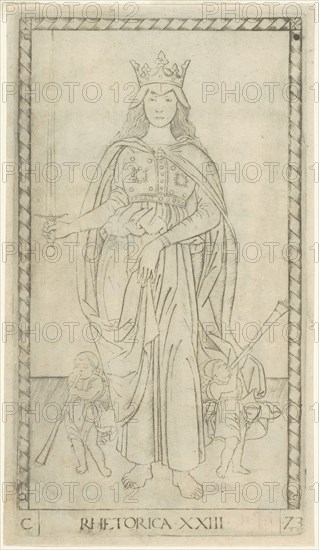Rhetoric, plate 23 from Arts and Sciences, c. 1465, Master of the E-Series Tarocchi, Italian, active c. 1465, Italy, Engraving in black on ivory laid paper, 179 x 100 mm (plate), 185 x 107 mm (sheet)