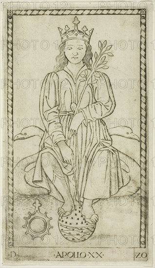 Apollo, plate 20 from Apollo and the Muses, c. 1465, Master of the E-Series Tarocchi, Italian, active c. 1465, Italy, Engraving on paper, 177 x 100 mm (plate), 184 x 106 mm (sheet)
