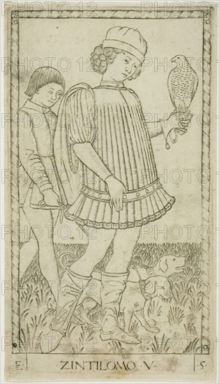 The Gentleman, plate five from The Ranks and Conditions of Men, c. 1465, Master of the E-Series Tarocchi, Italian, active c. 1465, Italy, Engraving on ivory wove paper, 178 x 100 mm (plate), 184 x 104 mm (sheet)