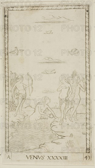 Venus, plate 43 from Planets and Spheres, c. 1465, Master of the E-Series Tarocchi, Italian, active c. 1465, Italy, Engraving on paper, 180 x 100 mm (plate), 187 x 105 mm (sheet)