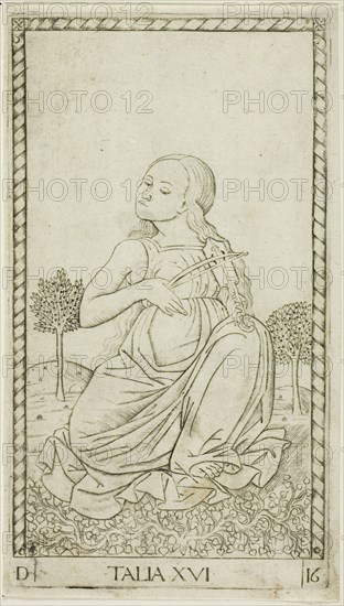 Thalia, plate sixteen from Apollo and the Muses, c. 1465, Master of the E-Series Tarocchi, Italian, active c. 1465, Italy, Engraving on paper, 179 x 100 mm (plate), 185 x 105 mm (sheet)