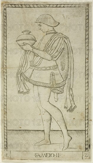 The Servant, plate two from The Ranks and Conditions of Men, c. 1465, Master of the E-Series Tarocchi, Italian, active c. 1465, Italy, Engraving on ivory laid paper, 179 x 101 mm (plate), 182 x 104 mm (sheet)