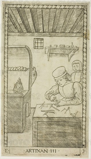 The Artisan, plate three from The Ranks and Conditions of Men, c. 1465, Master of the E-Series Tarocchi, Italian, active c. 1465, Italy, Engraving on paper, 180 x 101 mm (plate), 184 x 104 mm (sheet)