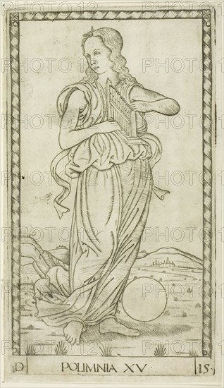 Polyhymnia, plate fifteen from Apollo and the Muses, c. 1465, Master of the E-Series Tarocchi, Italian, active c. 1465, Italy, Engraving on paper, 179 x 100 mm (plate), 184 x 106 mm (sheet)