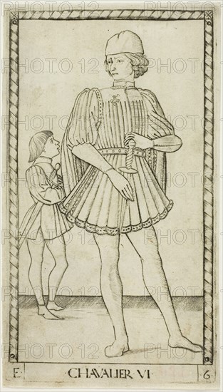 The Knight, plate six from The Ranks and Conditions of Men, c. 1465, Master of the E-Series Tarocchi, Italian, active c. 1465, Italy, Engraving on paper, 180 x 101 mm (plate), 183 x 104 mm (sheet)
