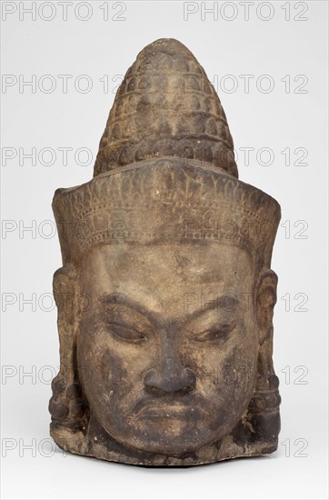 Head of a Male Deity (Deva), Angkor period, late 12th–early 13th century, Cambodia, Angkor Thom, Bayon Temple, Cambodia, Sandstone, 87.0 × 45.7 × 40.6 cm (34 1/4 × 18 × 16 in.)