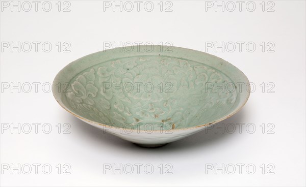 Conical Bowl with Peony Flowers, Goryeo dynasty (918–1392), early 12th century, Korea, North Korea, Celadon-glazed stoneware with underglaze molded and incised decoration, H. 4.9 cm (1 15/16 in.), diam. 14.9 cm (5 7/8 in.)