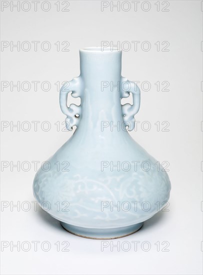 Vase with Leaf Scroll Handles and Floral Spray Design, Qing dynasty (1644–1911), Qianlong reign mark and period (1736–1795), China, Porcelain with clair de lune glaze, H. 17.1 cm (6 3/4 in.), diam. 13.4 cm (5 1/4 in.)