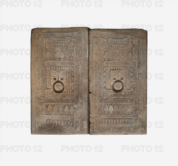 Pair of Tomb Chamber Doors, Western Han dynasty (206 B.C.–A.D. 9), 1st century B.C., China, probably from Zhengzhou, Henan province, China, Gray earthenware with impressed and carved decoration, A (left door): 92.6 × 52.0 × 7.2 cm (36 7/16 × 20 1/2 × 2 13/16 in.), b (right door): 91.4 × 49.9 × 7.2 cm (36 × 19 5/8 × 2 13/16 in.)