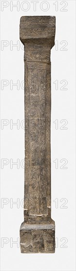 Pillar from Tomb Chamber, Western Han dynasty (206 B.C.–A.D. 9), 1st century B.C., China, probably Zhengzhou, Henan province, China, Gray earthenware with impressed and carved decoration, 120.2 × 19.0 × 18.5 cm (47 5/16 × 7 1/2 × 7 1/4 in.)