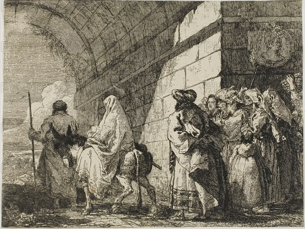 The Holy Family Leaving by a City Gate, plate seven from The Flight into Egypt, 1753, Giovanni Domenico Tiepolo, Italian, 1727-1804, Italy, Etching on paper, 187 x 241 mm