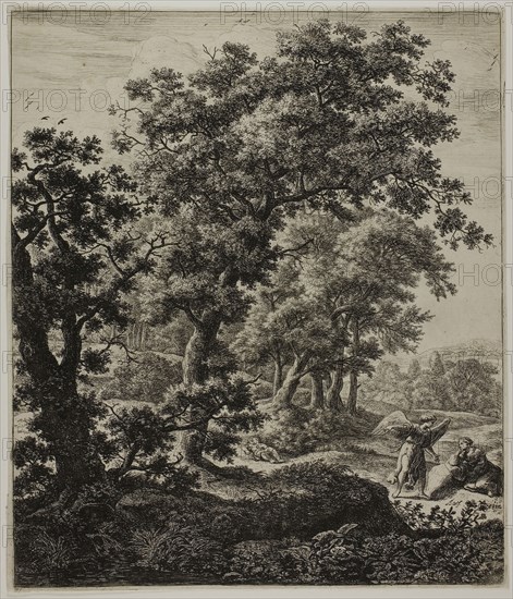 Hagar Comforted by the Angel, from Six Large Upright Landscapes with Scenes from the Old Testament, n.d., Anthonie Waterloo, Dutch, 1609-1690, Holland, Etching in black on ivory laid paper, 295 x 254 mm