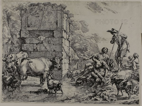 Cow Drinking, 1680, Nicolaes Berchem the Elder, Dutch, 1621/22-1683, Holland, Etching on paper, 277 x 374 mm (plate), 281 x 378 mm (sheet)