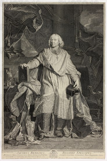 Portrait of Jacques Bénigne Bossuet, Bishop of Meaux, 1723, Pierre-Imbert Drevet (French, 1697-1739), after Hyacinthe Rigaud (French, 1659-1743), France, Engraving on cream laid paper, 501 × 333 (sheet, cut within plate and to image in spots)