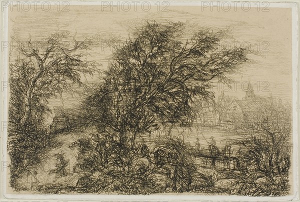 Trees Bending in the Wind, n.d., Rodolphe Bresdin, French, 1825-1885, France, Etching on buff China paper laid down on white wove paper, 133 × 198 mm (image/plate)