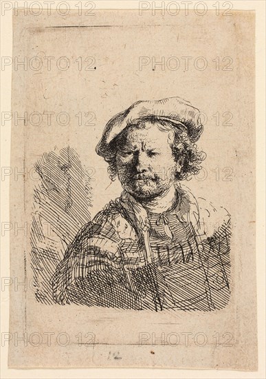 Self-Portrait in a Flat Cap and Embroidered Dress, c. 1642, Rembrandt van Rijn, Dutch, 1606-1669, Holland, Etching on buff laid paper, 62 x 58 mm (image), 93 x 62 mm (plate), 105 x 73 mm (sheet)