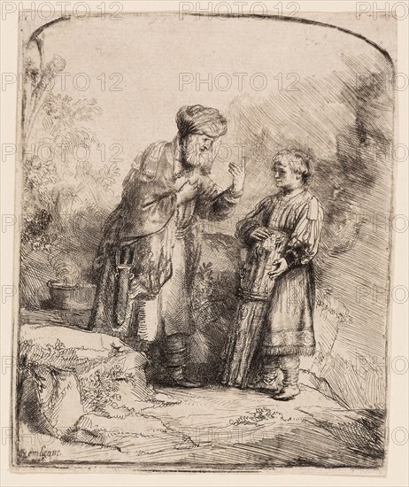Abraham and Isaac, 1645, Rembrandt van Rijn, Dutch, 1606-1669, Holland, Etching and drypoint on white laid paper, 156 x 128 mm (image/plate), 159 x 131 mm (sheet)