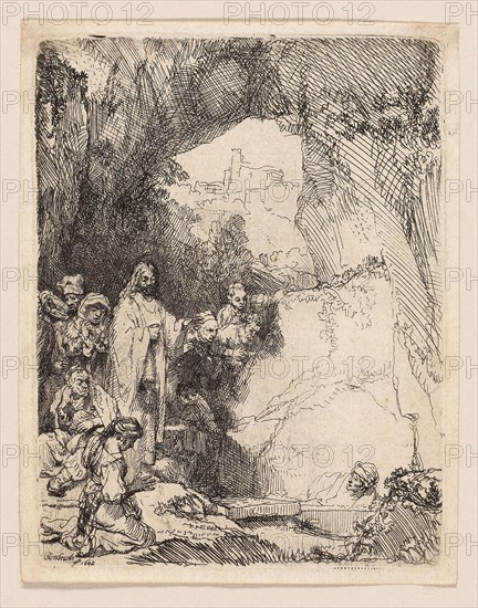 The Raising of Lazarus: Small Plate, 1642, Rembrandt van Rijn, Dutch, 1606-1669, Holland, Etching in black on ivory laid paper, 147 x 113 mm (image/plate), 156 x 122 mm (sheet)