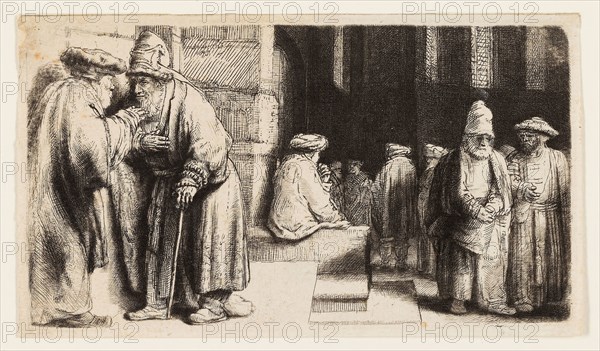 Jews in the Synagogue, 1648, Rembrandt van Rijn, Dutch, 1606-1669, Holland, Etching and drypoint on ivory laid paper, 71 x 129 mm (plate), 75 x 134 mm (sheet)