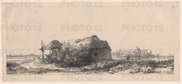 Landscape with Cottages and a Hay Barn: Oblong, 1641, Rembrandt van Rijn, Dutch, 1606-1669, Holland, Etching on ivory laid paper, 130 x 318 mm (image/plate), 152 x 336 mm (sheet)