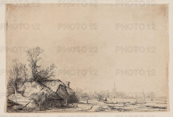 Cottage Beside a Canal with a View of Ouderkerk, c. 1641, Rembrandt van Rijn, Dutch, 1606-1669, Holland, Etching on ivory laid paper, 139 x 208 mm (plate), 141 x 211 mm (sheet)