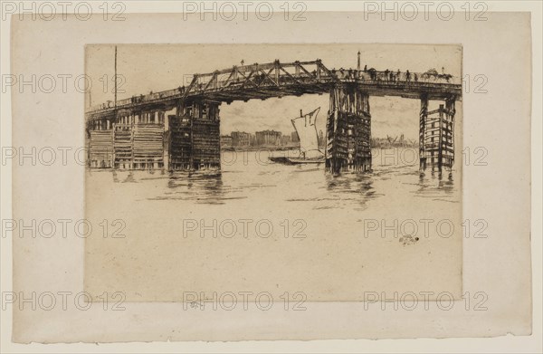 Old Battersea Bridge, 1879, James McNeill Whistler, American, 1834-1903, United States, Etching and drypoint with foul biting in dark brown ink on ivory laid paper, 203 x 296 mm (plate), 257 x 406 mm (sheet)