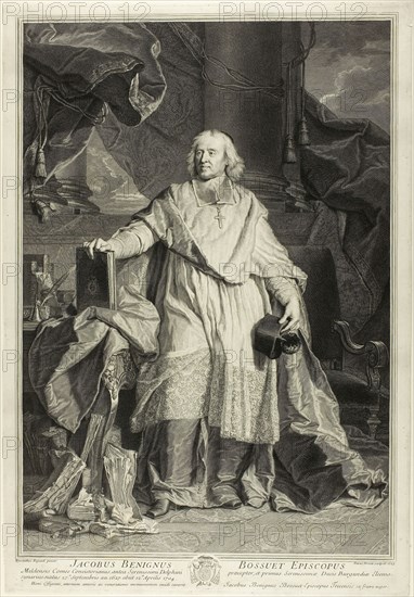 Portrait of Jacques Bénigne Bossuet, Bishop of Meaux, 1723, Pierre-Imbert Drevet (French, 1697-1739), after Hyacinthe Rigaud (French, 1659-1743), France, Engraving on ivory laid paper, 508 × 333 mm (image), 511 × 351 mm (plate), 519 × 357 mm (sheet)