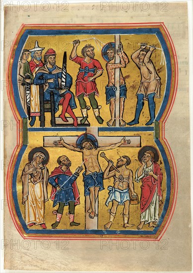 The Flagellation and The Crucifixion, from a Psalter, about 1239, German (Braunschweig, Lower Saxony), Germany, Opaque watercolor, gold leaf, shell gold with pen and red and white ink on parchment (recto). Pen and red and black ink (verso), 219 × 152 mm