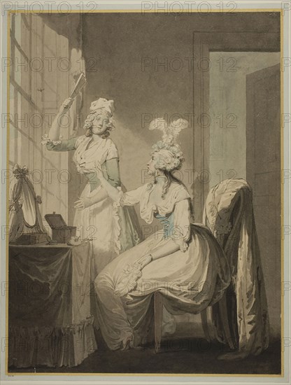 The Lady and the Queen Wasp, 1780/90, Attributed to Francis Wheatley (English, 1747-1801), or Richard Corbould (English, 1757-1831), England, Pen and gray ink with brush and watercolor over graphite on cream wove paper, laid down on board, 361 × 272 mm