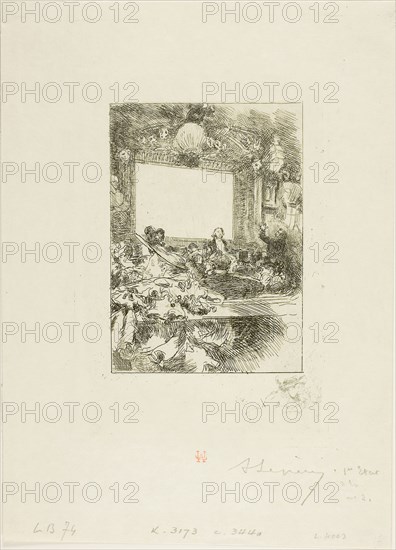 At the Chat Noir, 1893, Louis Auguste Lepère, French, 1849-1918, France, Etching on cream wove paper, 113 × 80 mm (image, without remarque), 140 × 88 mm (image, with remarque), 161 × 112 mm (plate), 229 × 165 mm (sheet)