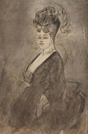 Three-Quarter Length Portrait of a Woman, 1865/70, Constantin Guys, French, 1802-1892, France, Pen and brown ink, with brush and gray wash, over graphite, on ivory wove paper, 288 × 196 mm