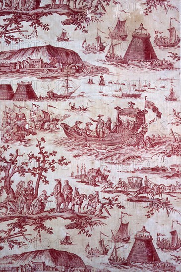 The Inauguration of The Port of Cherbourg by Louis XVI (Furnishing Fabric), c. 1787, Designed by Jean Baptiste Huet (French, 1745-1811) after cartoon by Pierre Ozanne (French, 1737-1815), Manufactured by Petitpierre et Cie  (French, 1760/70-1791), France, Nantes, Nantes, Cotton, plain weave, copperplate printed, 201.6 x 93.4 cm (79 3/8 x 36 3/4 in.)