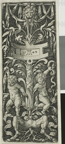 Panel of Ornament with Two Nude Boys Standing on the Legs of a Satyr, 1549, Heinrich Aldegrever, German, 1502-c.1560, Germany, Engraving in black on ivory laid paper, 104 × 41 mm (image/plate/sheet)