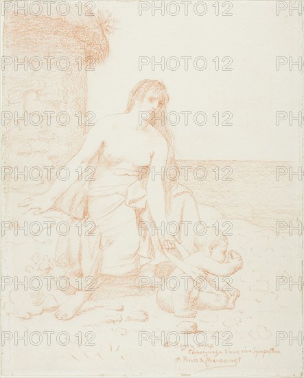 Fisherman’s Family, c. 1883, Pierre Puvis de Chavannes, French, 1824-1898, France, Red chalk on ivory wove paper, 208 × 249 mm