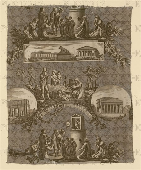 Le Romain (The Roman) (Furnishing Fabric), 1811, Designed by Jean Baptiste Huet (French, 1745–1811) after etchings by Bartolomeo Pinelli (French, 1781–1835), Engraved by Jules Mallet (French, 1759–1835), France, Jouy-en-Josas, France, Cotton, plain weave, engraved roller printed, 68.6 × 54.1 cm (27 × 21 1/4 in.)