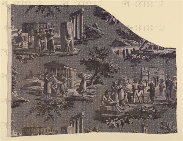 Les Monuments du Midi (Monuments of the South of France) (Furnishing Fabric), c.1811, Designed by Hippolyte Lebas (French, 1782–1867) after etchings by Bartolomeo Pinelli (Italian, 1781–1835)and engraved by Nicolas Auguste Leisnier (French, 1787–1835), France, Jouy-en-Josas, France, Cotton, plain weave, engraved roller printed, 67.8 × 85.8 cm (26 5/8 × 33 3/4 in.)