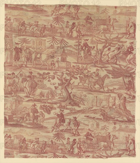 The Travels of Doctor Syntax (Furnishing Fabric), c. 1820, After works by Thomas Rowlandson (English, 1756–1827), England, Manchester, Manchester, Cotton, plain weave, probably engraved roller printed, 70.5 x 60.5 cm (27 3/4 x 23 3/4 in.)