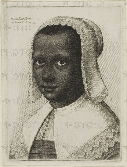 Head of a Black Woman with a Lace Kerchief Hat, 1645, Wenceslaus Hollar, Czech, 1607-1677, Bohemia, Etching on ivory laid paper, 77 × 58 mm (plate), 83 × 63 mm (sheet)