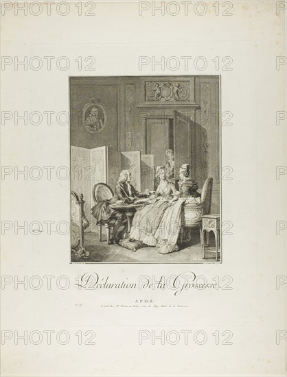 Announcement of Pregnancy, from Monument du Costume Physique et Moral de la fin du Dix-huitième siècle, 1776, Pietro Antonio Martini (Italian, 1738-1797), after Jean Michel Moreau (French, 1741-1814), published by Laurent-François Prault (French 1712-1780), Italy, Engraving on ivory laid paper, 273 x 221 mm (image), 412 x 325 mm (plate), 542 x 414 mm (sheet, folded)