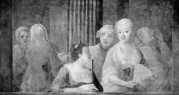 Fashionable Figures, with Two Women Holding Fans, 1733/35, British, England, Oil on plaster, mounted on aluminum honeycomb panel, 81.4 × 153.5 cm (32 1/16 × 60 7/16 in.)