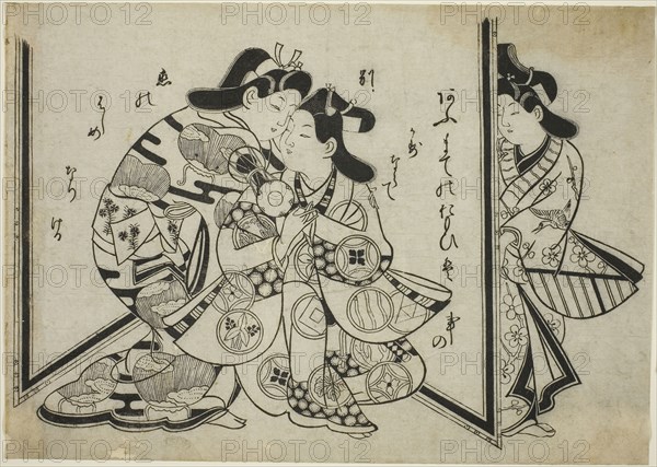 An Interrupted Embrace, c. 1685, Attributed to Sugimura Jihei, Japanese, active c. 1681-98, Japan, Hand-colored woodblock print, oban, sumizuri-e, 10 5/8 x 14 7/8 in.