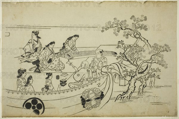 Flower-Viewing Party with Crest-Bearing Curtain, from the series Flower Viewing at Ueno (Ueno hanami no tei), c. 1681/84, Hishikawa Moronobu, Japanese, (?)-1694, Japan, Woodblock print, oban, sumizuri-e, 27.8 × 42.5 cm (10 7/8 × 16 5/8 in.)