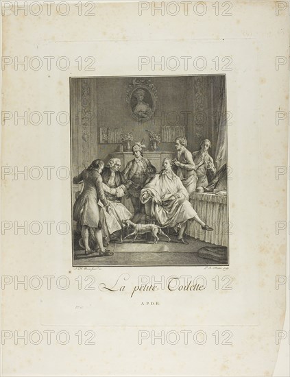 The Little Toilette, from Monument du Costume Physique et Moral de la fin du Dix-huitième siècle, 1781–1783, Pietro Antonio Martini (Italian, 1738-1797), after Jean Michel Moreau (French, 1741-1814), published by Laurent-François Prault (French 1712-1780), Italy, Engraving on paper, 267 x 219 mm (image), 405 x 313 mm (plate), 531 x 408 mm (sheet, folded)