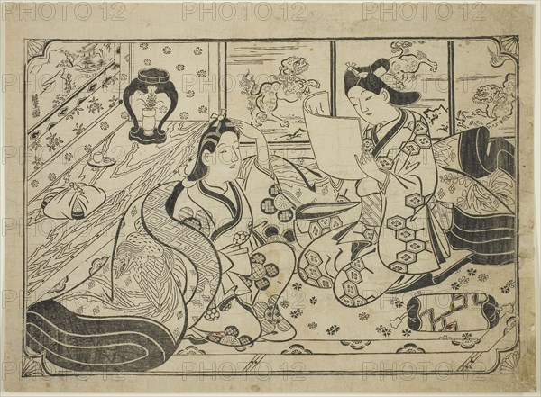 Reading a Letter, c. 1688, Furuyama Moroshige, Japanese, active c. 1684-1704, Japan, Woodblock print, oban, sumizuri-e, 10 3/4 x 14 5/4 in.