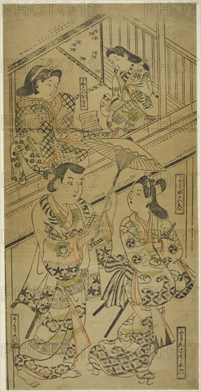 On the Yoshida Highway, c. 1685, Attributed to Sugimura Jihei, Japanese, active c. 1681–98, Japan, Hand-colored woodblock print, tan-e, vertical o-oban, 23 1/4 x 11 1/2 in.