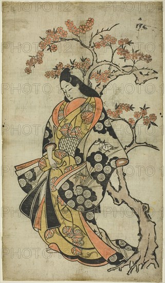 Woman Beside a Cherry Tree, c. 1688/90, Japanese, Japan, Hand-colored woodblock print, vertical o-oban, tan-e, 55.7 x 32.0 cm (21 1/4 x 12 in.)