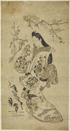 A Young Woman Walking near a Plum Tree, c. 1688, Japanese, Japan, Hand-colored woodblock print, o-oban, tan-e, 22 x 11 1/2 in.